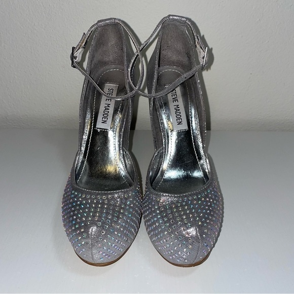 Steve Madden Naomeee Silver Metallic Rhinestone Jeweled Platform Stiletto Heels - Picture 2 of 9